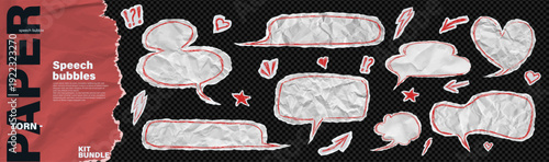 Y2K crumpled paper speech bubble bundle kit. Teenager chat balloon dialogue box set. Rough teture empty memo page stickers, collage idea sheet, scribble underline red lines on like transparent png bg