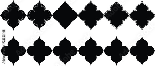Black silhouette set of Islamic geometric border patterns with traditional Arabic ornament shapes for cultural frame design and ethnic decoration isolated on white background.