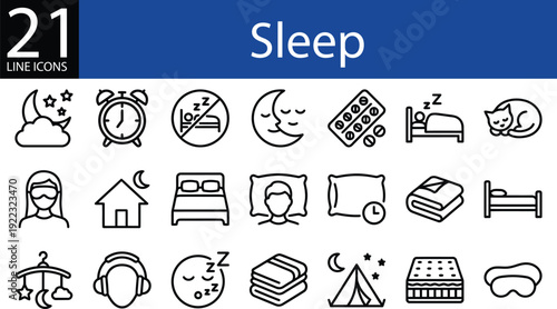 Sleep line icon set in minimalist style, bedtime routine, night rest, bedding, and wellness