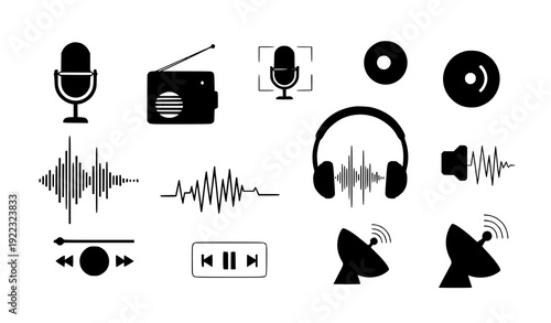 Modern Podcast Audio Media Icons – Radio, Voice, Record Vector Illustration