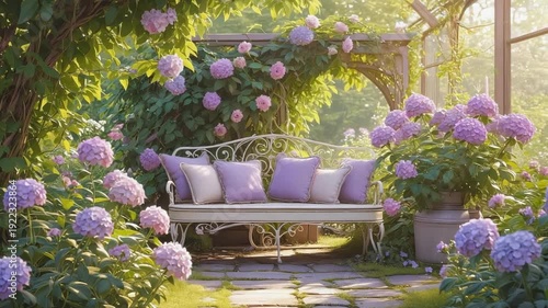 Flower-filled garden seating area with bench