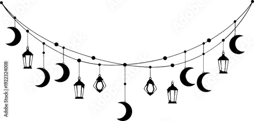 Black and white illustration of crescent moon phases garland with crystals