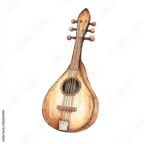 Watercolor Illustration of a Vintage Mandolin with Detailed Wood Grain