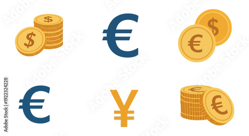 Major World Currency Symbols and Coins: Dollar, Euro, and Yen flat vector illustration set for global finance, banking, and economic concepts.