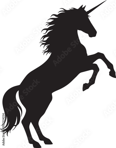 A black silhouette of a unicorn rearing up on its hind legs isolated on transparent background, Vector