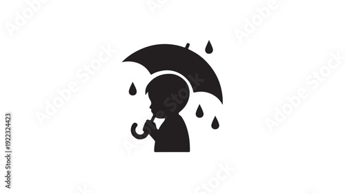 Silhouette of businessman under umbrella in rainy weather with dramatic lighting on white background for insurance advertisement