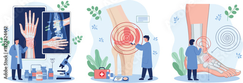 Flat vector illustration set of orthopedic medical health care including doctors analyzing joint pain in human hand knee and foot for bone diagnostic concept.