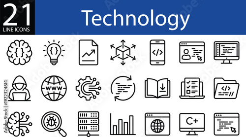 Technology line icon collection in minimalist style, AI, coding, data, cybersecurity, and development