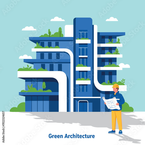 Modern Green Architecture Building with Rooftop Gardens and Engineer Holding Blueprint, Sustainable Urban Design Concept Vector Illustration