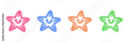 Neon glowing star with smiley face vector icons set, happy, joyful, playful, rating, feedback, review, vibrant colorful digital design illustration.