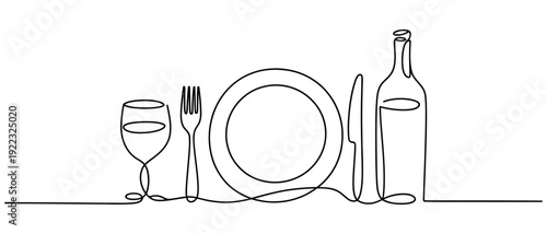Elegant continuous line art vector illustration of a dining setup with plate, cutlery, wine glass, and bottle, ideal for modern hospitality, restaurant branding, and menu designs