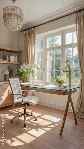 Home office desk by window with sunlight