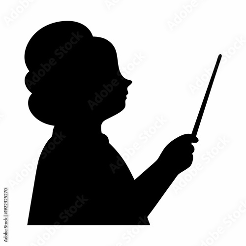 Silhouette of a woman with elegant hairstyle holding a pointer stick up