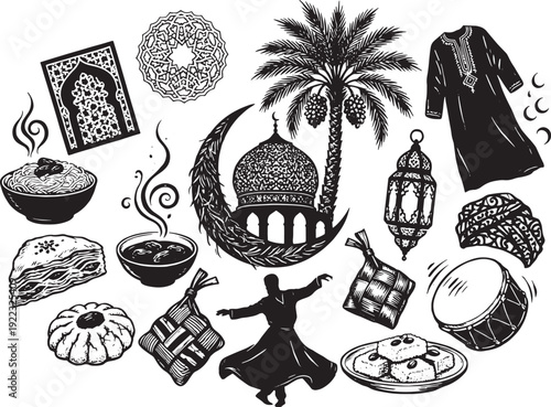 Islamic Culture and Religion Illustration Set Vector with Mosque Crescent Palm Tree Lantern Traditional Food Clothing Dervish and Arabic Decorative Elements Collection