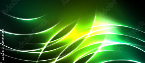 Abstract background features vibrant green, yellow light streaks. Dynamic curves create energy, modern aesthetic. Brightness contrasts dark space.