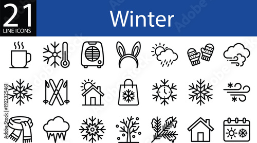 Winter line icon set in minimalist style, snowflakes, weather, clothing, activities, and holidays.