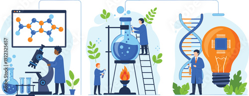 Flat vector illustration set of biotechnology research including scientists in lab coat analyzing DNA genetic engineering molecule structure and innovative technology idea with microscope.