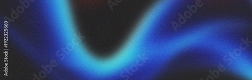 Abstract blue neon light waves on dark grainy texture background blur