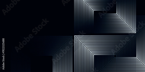 Dark background with glowing white square geometric lines pattern. Modern and futuristic shiny arrow lines design for cover, banner, brochure, presentation, website, and certificate. EPS. 3