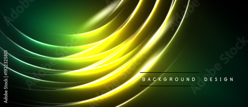 Abstract dynamic lines create glowing effect. Dark background contrasts bright yellow, green gradients. Modern design element.