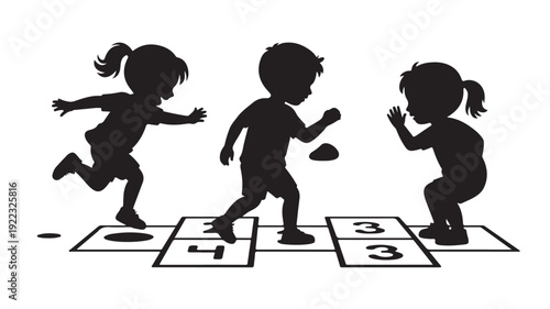 Children Playing Hopscotch Silhouettes in Playful Dynamic Black and White Illustration for Kids Activities