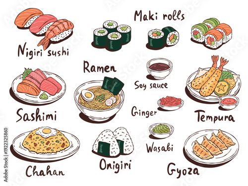 Hand-drawn colorful doodle vector set of Japanese dishes: nigiri sushi, maki rolls, sashimi, ramen, tempura, gyoza, onigiri, chahan, wasabi, soy sauce, ginger. Perfect for menus and cards