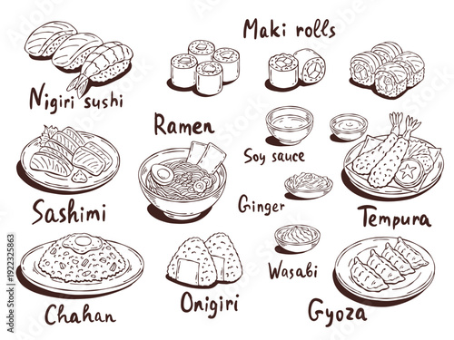 Hand-drawn line art vector set of Japanese dishes: nigiri sushi, maki rolls, sashimi, ramen, tempura, gyoza, onigiri, chahan, wasabi, soy sauce, ginger. Perfect for menus and cards