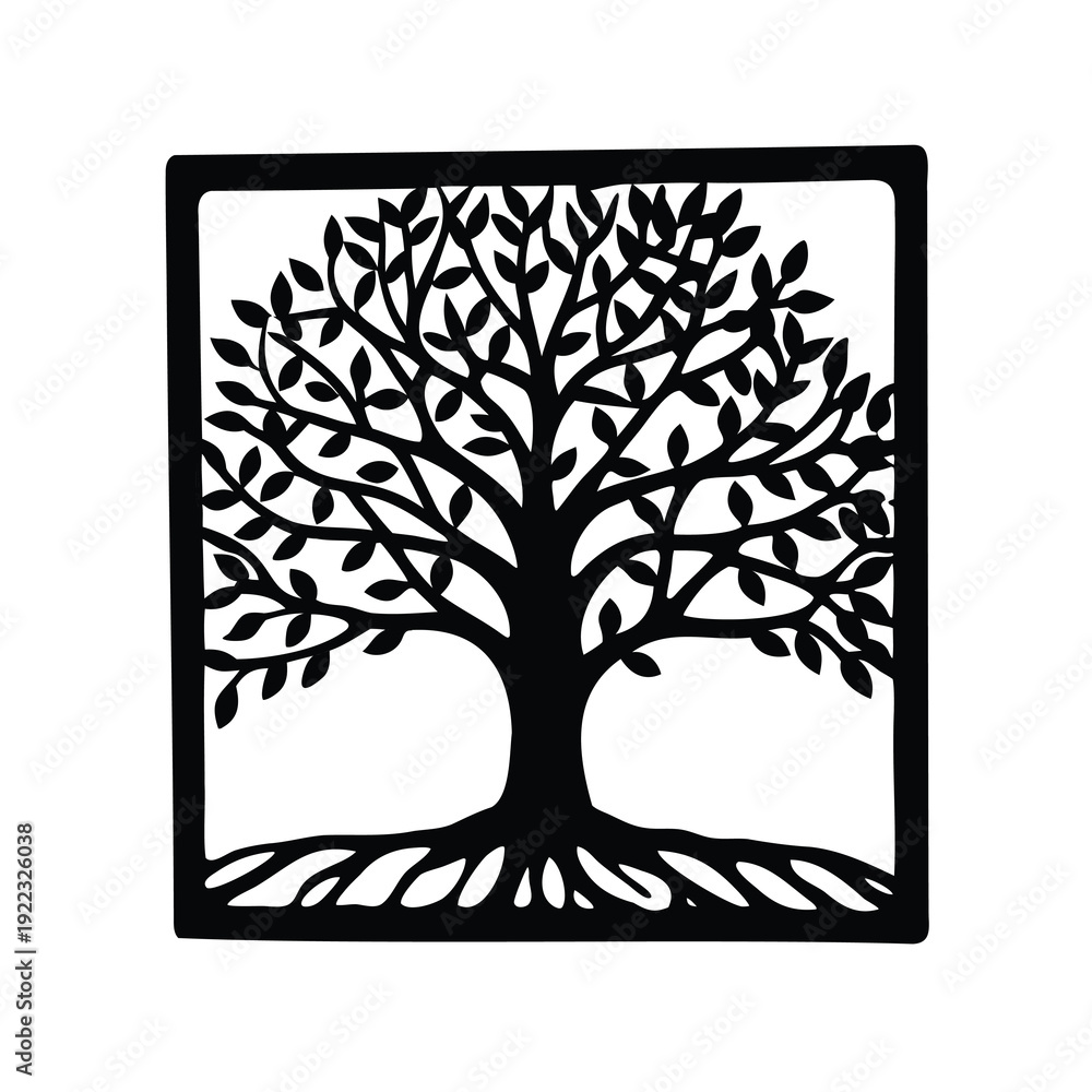Obraz premium Tree of life silhouette in square frame, symbolic and minimalist art