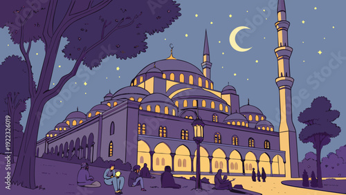Grand Mosque Illuminated at Night with Crescent Moon and Stars, People Relaxing Outdoors, Flat Design Vector Illustration