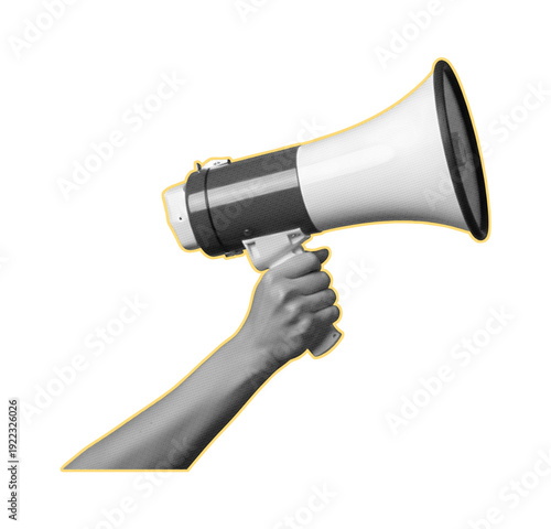 Retro halftone hand holding megaphone art collage on transparent background