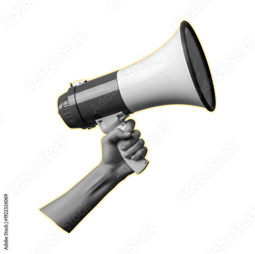 Retro halftone hand holding megaphone art collage on transparent background