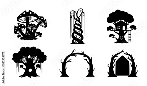 Whimsical Forest Silhouette Vector Collection with Magical Mushrooms and Tree House
