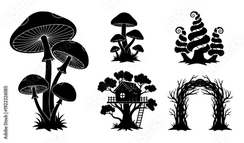 Enchanting Forest Silhouettes Vector Set with Magical Trees, Mushrooms, and Tree House