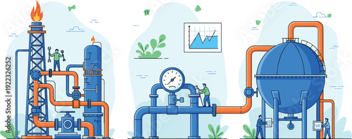 Flat vector illustration set of oil and gas industry including drilling rig refinery factory pipelines with pressure gauge and storage tank for energy production.