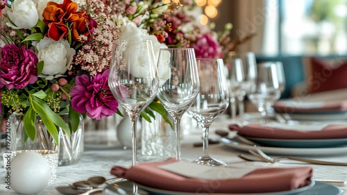 Closeup of floral centerpiece on decorated dining table
