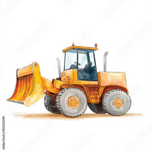 Watercolor Illustration of a Yellow Bulldozer with Large Wheels and a Bucket