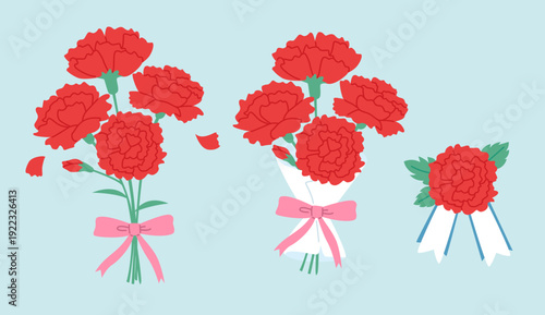 Carnation flower bouquets and corsage with pink ribbons for celebration