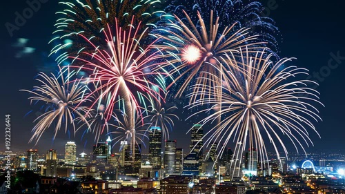 Bright fireworks above nighttime city skyline