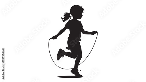 Silhouette of a girl jumping rope in dynamic motion with black outline on white background for fitness illustration