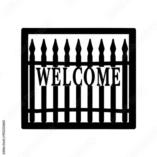 Black and White Welcome Doormat with Picket Fence Silhouette Design