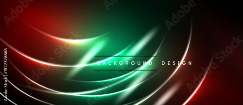 Abstract neon lines create vibrant curves, gradients. Dark background emphasizes glowing colors, modern design element.