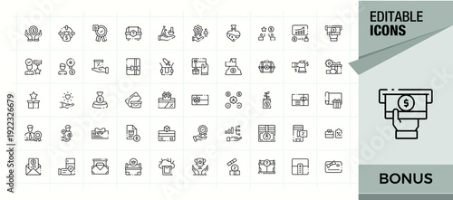 Bonus icon set. Incentive vector line icon set. Modern linear icons. Pack of incentive, win, benefit, prize, coupon, gift and more. Pictogram and infographic.