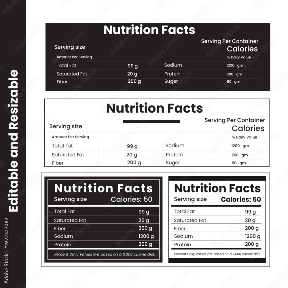 Obraz premium Nutrition Facts, information, editable customizable nutrition facts label editable vector eps print ready