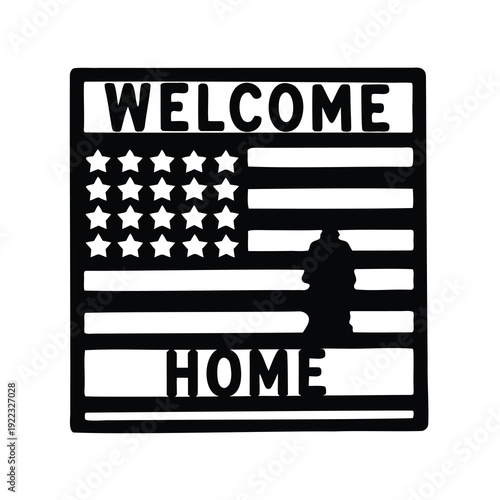 Welcome Home Flag with Fire Hydrant Silhouette, Patriotic Black and White Artwork