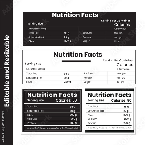 Nutrition Facts, information, editable customizable nutrition facts label editable vector eps print ready