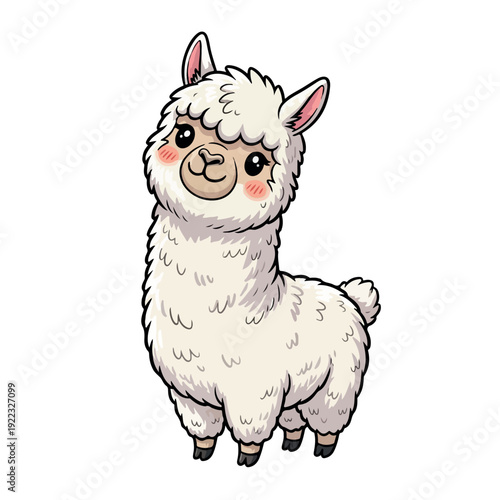 Illustration of a cute white llama with rosy cheeks standing against a clean white background in a cartoon style.