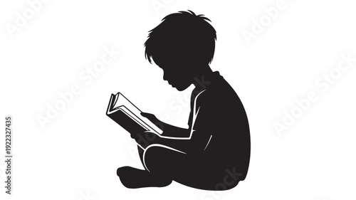 Child Reading Book Silhouette in Simple Black Profile on White Background for Education