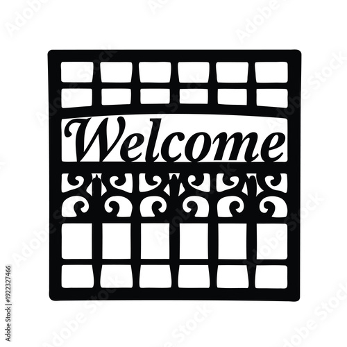 Welcome Mat with Ornate Design and Geometric Pattern in Black and White