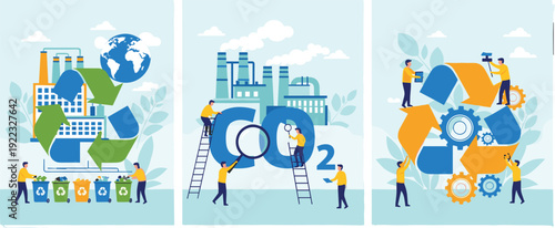 Flat vector illustration set of ecology concepts including factory recycling with green arrows carbon dioxide CO2 emission reduction and sustainable waste management for earth.
