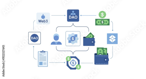 Decentralized Autonomous Organization (DAO) Ecosystem Flowchart. Web3 Governance, Funding, Token Distribution, and Cryptocurrency Wallet Transactions Diagram.